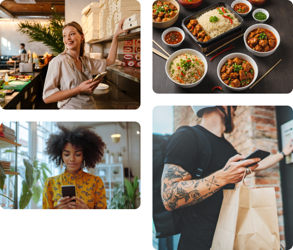 Four images arranged in a Pinterest-style masonry layout, showing people ordering food on their phones and food being delivered in various scenarios.