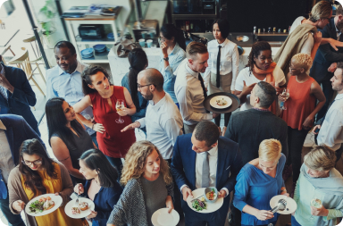 Four images arranged in a Pinterest-style masonry layout, showing people ordering food on their phones and food being delivered in various scenarios.