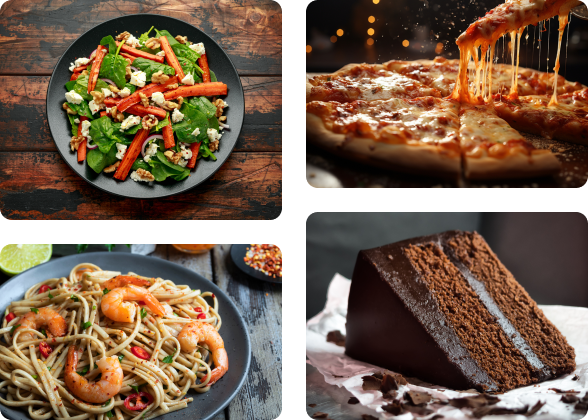Four images arranged in a Pinterest-style masonry layout, showing people ordering food on their phones and food being delivered in various scenarios.